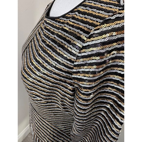 THEIA New Sz 8 Black & Gold Striped Sequin LS Evening Cocktail Dress $495 - Picture 9 of 16